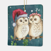 クリスマスのフクロウがブランチで夜 セラミックオーナメント (左)