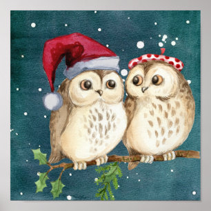 クリスマスのフクロウがブランチで夜 ポスター