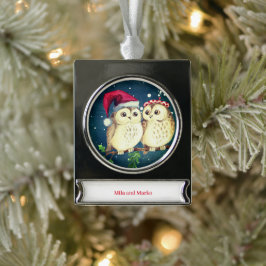 クリスマスのフクロウが恋に甘い シルバープレートバナーオーナメント