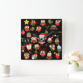 クリスマスのフクロウパターン スクエア壁時計 (ホーム)