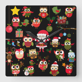 クリスマスのフクロウパターン スクエア壁時計