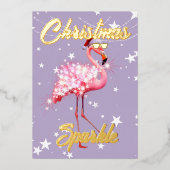 クリスマスのフラインゴスパークルパープル 箔招待状 (正面)