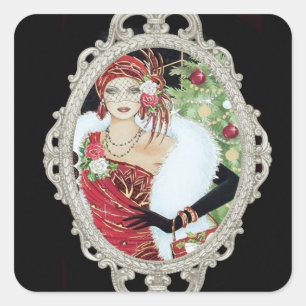 クリスマスのフラッパーガール 輝く赤と金のドレス スクエアシール