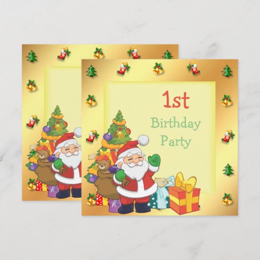 クリスマスのフレームに入ったサンタとプレゼントの1歳の誕生日 招待状 (正面/裏面)