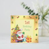 クリスマスのフレームに入ったサンタとプレゼントの1歳の誕生日 招待状 (スタンド正面)