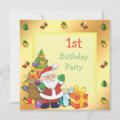 クリスマスのフレームに入ったサンタとプレゼントの1歳の誕生日 招待状 (正面)