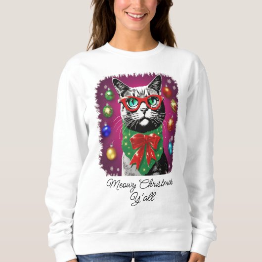 クリスマスのフード付きスウェットシャツ「Meowy Christmas Y'all」おもしろい スウェットシャツ (正面)