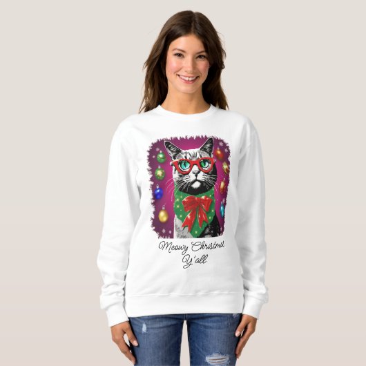 クリスマスのフード付きスウェットシャツ「Meowy Christmas Y'all」おもしろい スウェットシャツ (正面フル)