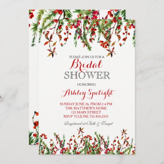 クリスマスのブライダルシャワーの花柄の招待状 招待状 (正面/裏面)