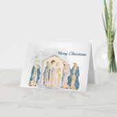 クリスマスのブルーな聖誕の場面 キリスト教の水彩画 シーズンカード (正面)