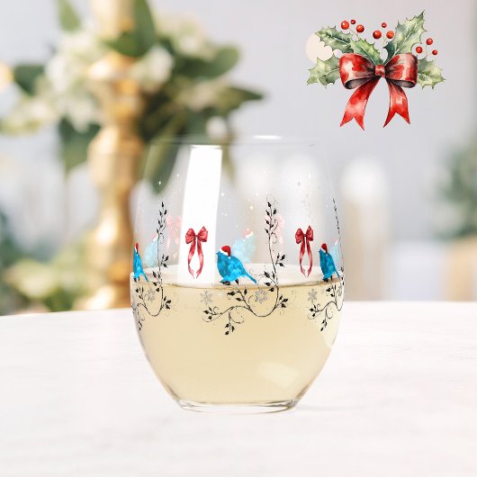 クリスマスのブルーバード ステムなしワイングラス
