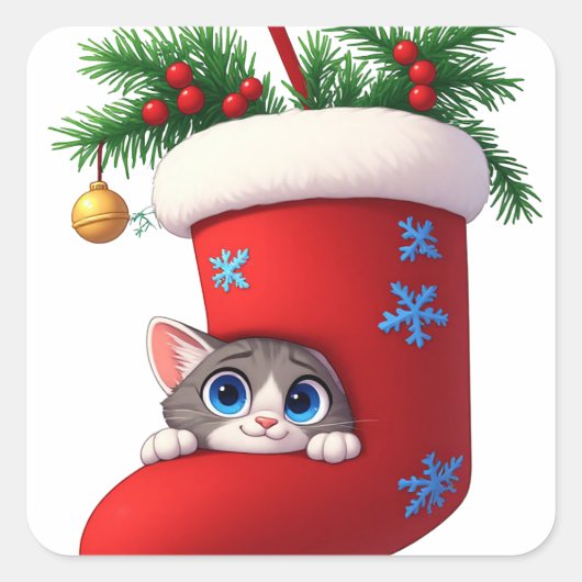 🎄 クリスマスのブーツに隠れたかわいい子猫 🐾 スクエアシール (正面)