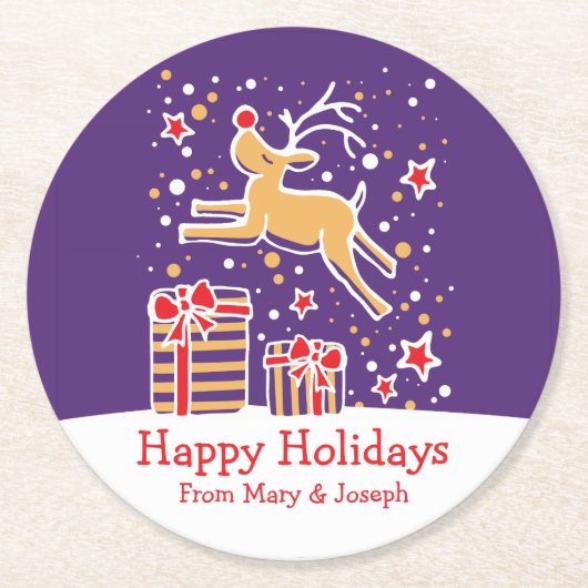 クリスマスのプランキトナカイ紫色の紙コースター ラウンドペーパーコースター (正面)
