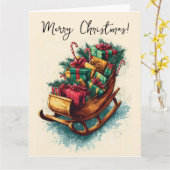 クリスマスのプレゼントでいっぱいのビンテージのそり カード (黄色い花)