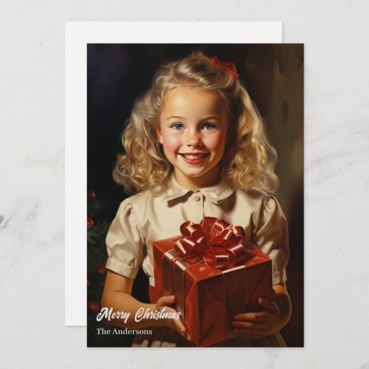 クリスマスのプレゼントで微笑むヴィンテージの少女 シーズンカード (正面/裏面)
