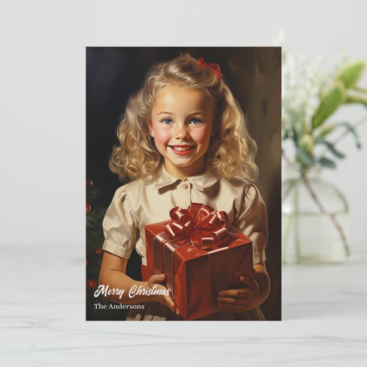 クリスマスのプレゼントで微笑むヴィンテージの少女 シーズンカード (スタンド正面)