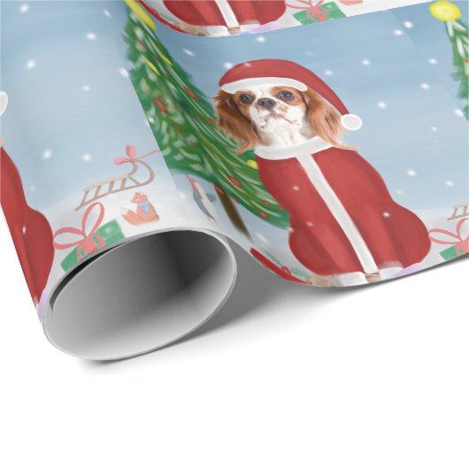 クリスマスのプレゼントで雪の中のキャバリエの王様の犬 ラッピングペーパー (ロールコーナー)