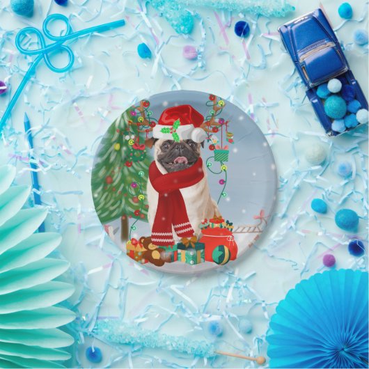 クリスマスのプレゼントで雪の中を犬をパグ ペーパープレート (パーティー)