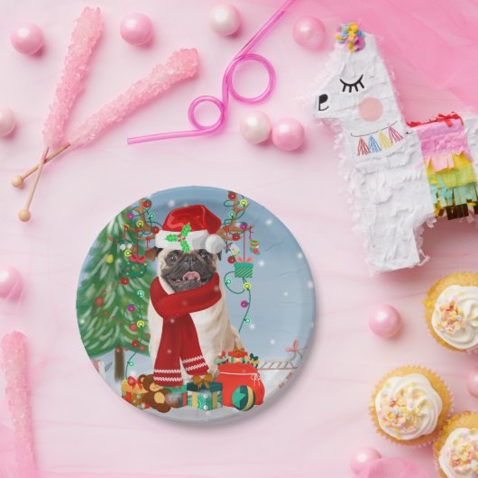 クリスマスのプレゼントで雪の中を犬をパグ ペーパープレート (パーティー)