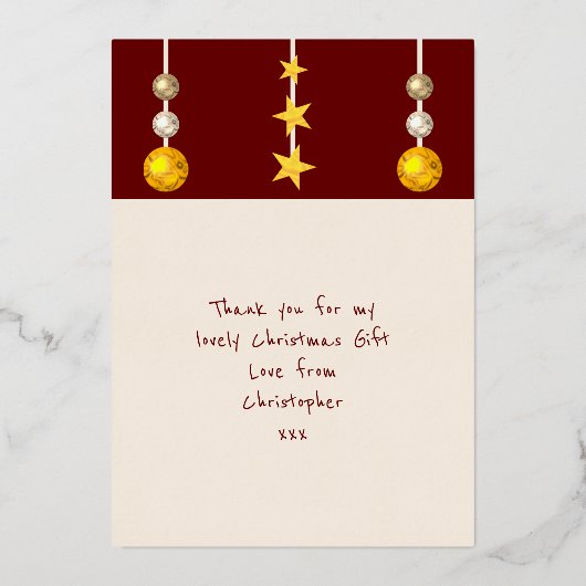 クリスマスのプレゼントの写真を掲載したワインレッドのカード 箔シーズンカード (裏面)