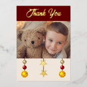 クリスマスのプレゼントの写真を掲載したワインレッドの感謝カード 箔シーズンカード (正面)