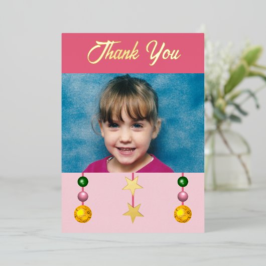 クリスマスのプレゼントの写真 ピンクの感謝 箔シーズンカード (立ち正面)