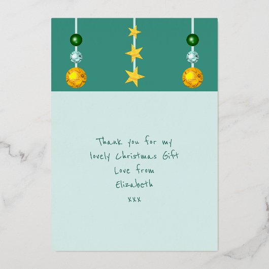 クリスマスのプレゼントの写真 緑の感謝 箔シーズンカード (裏面)