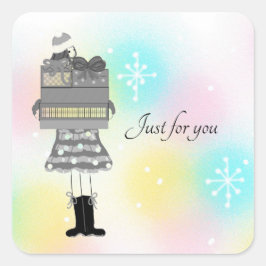 クリスマスのプレゼントを持ったかわいい女の子 スクエアシール