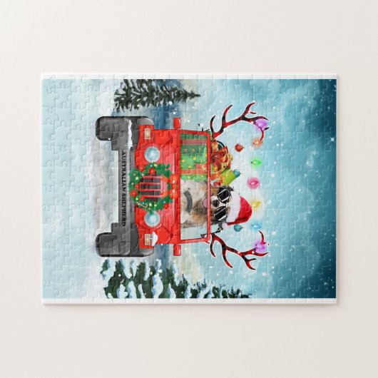 クリスマスのプレゼントを持つオーストラリアの羊飼いの犬 ジグソーパズル (横)