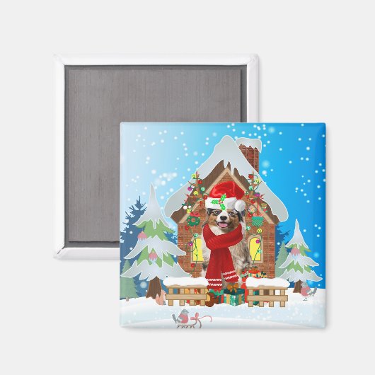 クリスマスのプレゼントを持つオーストラリアの羊飼いの犬 マグネット (正面/裏面)