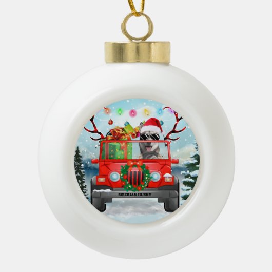 クリスマスのプレゼントを持つシベリアのハスキー犬 セラミックボールオーナメント (正面)