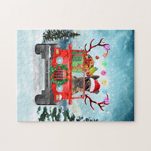 クリスマスのプレゼントを持つドイツの羊飼い犬 ジグソーパズル (横)