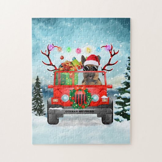 クリスマスのプレゼントを持つドイツの羊飼い犬 ジグソーパズル (縦)