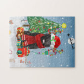 クリスマスのプレゼントを持つニューファンドランド犬 ジグソーパズル (横)