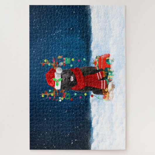 クリスマスのプレゼントを持つニューファンドランド犬 ジグソーパズル (縦)