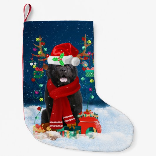 クリスマスのプレゼントを持つニューファンドランド犬 スモールクリスマスストッキング (正面)