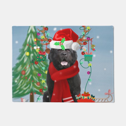 クリスマスのプレゼントを持つニューファンドランド犬 ドアマット (正面)
