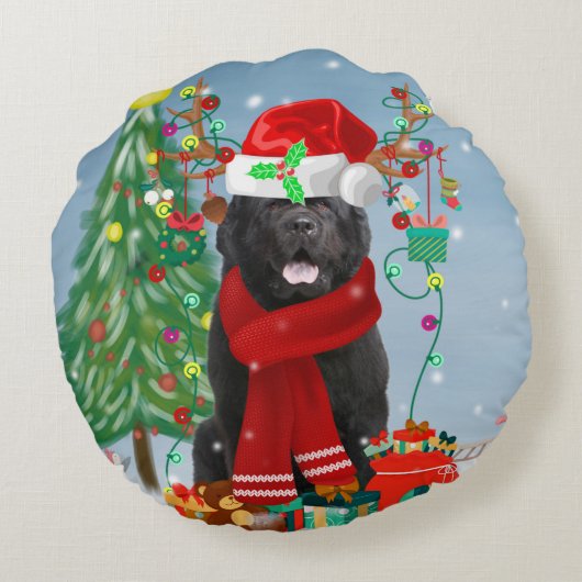 クリスマスのプレゼントを持つニューファンドランド犬 ラウンドクッション (裏面)
