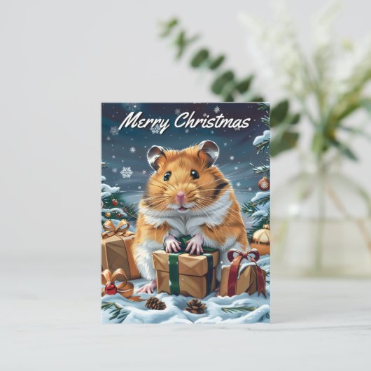 クリスマスのプレゼントを持つハムスター シーズンポストカード (スタンド正面)