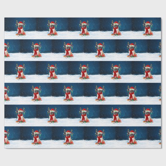 クリスマスのプレゼントを持つパグ犬 ラッピングペーパー (フラット)