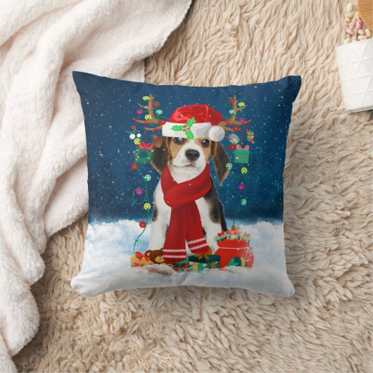 クリスマスのプレゼントを持つビーグル犬 クッション (ブランケット)
