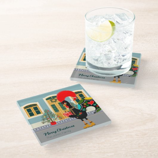クリスマスのプレゼントを持つポルトガルのオンドリ ガラスコースター (アングル)