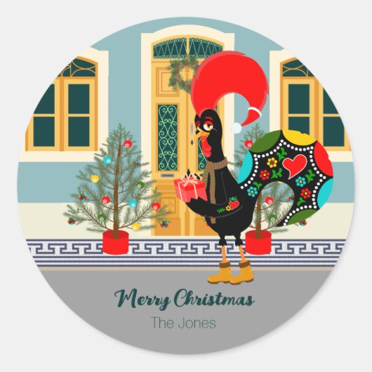 クリスマスのプレゼントを持つポルトガルのオンドリ ラウンドシール (正面)