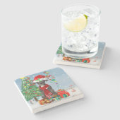 クリスマスのプレゼントを持つ大きなダン犬 ストーンコースター (横)