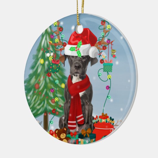 クリスマスのプレゼントを持つ大きなダン犬 セラミックオーナメント (左)