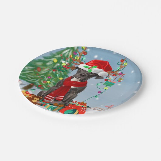 クリスマスのプレゼントを持つ大きなダン犬 ペーパープレート (アングル)