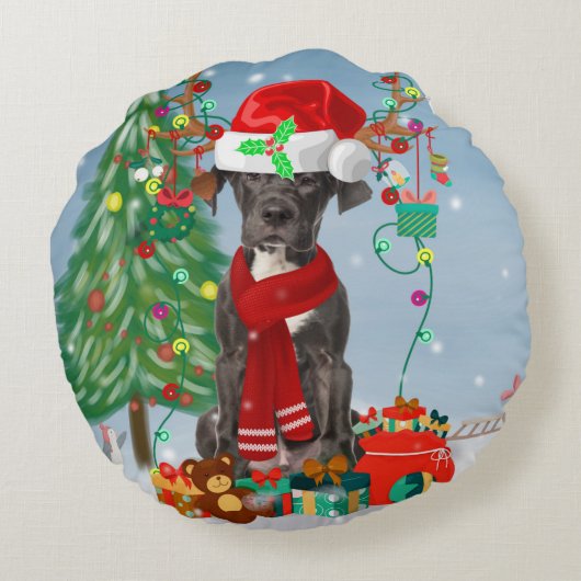 クリスマスのプレゼントを持つ大きなダン犬 ラウンドクッション (裏面)