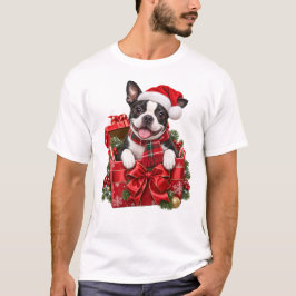 クリスマスのプレゼントボックスに座るボストンテリア Tシャツ