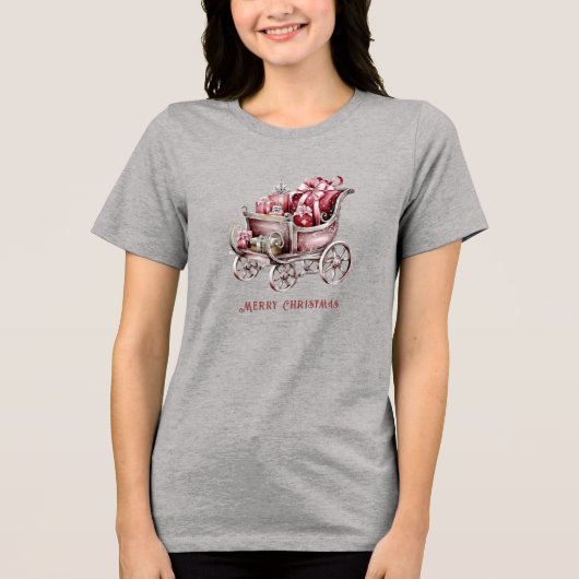 クリスマスのプレゼント付きソリ 冬の女性用 トライブレンドTシャツ (正面)
