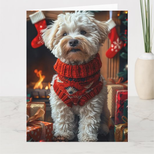 クリスマスのプレゼント暖炉が置かれたビコンフリースドッグ カード (正面)